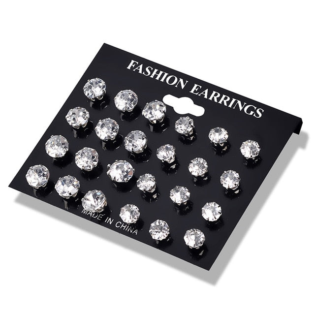 New 12 Pair/Pack White Shiny Wedding Stud Earrings Set For Women Men Crystal Jewelry Accessories Oorbellen Jewelry Earrings