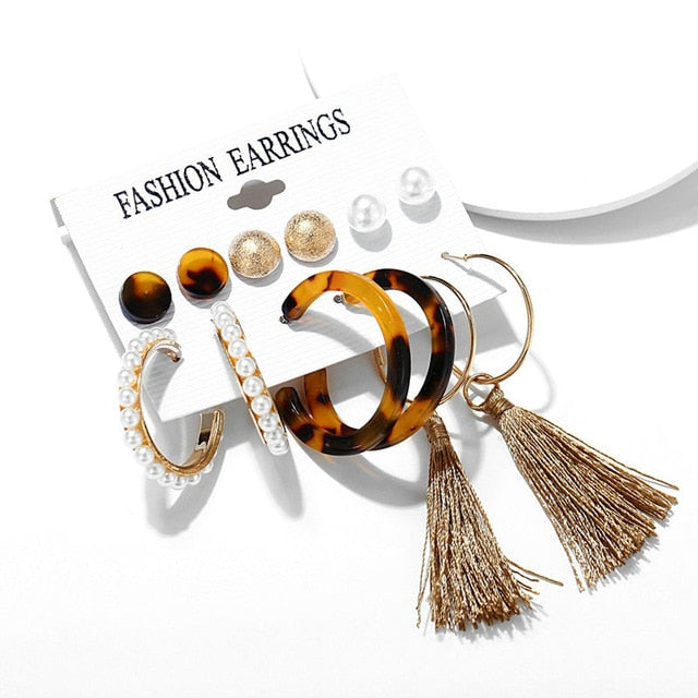2020 Women Earrings Set Acrylic Pearl Earrings For Women Acrylic Earrings New Set Bohemian Leopard Tassel Stud Earrings Jewelry