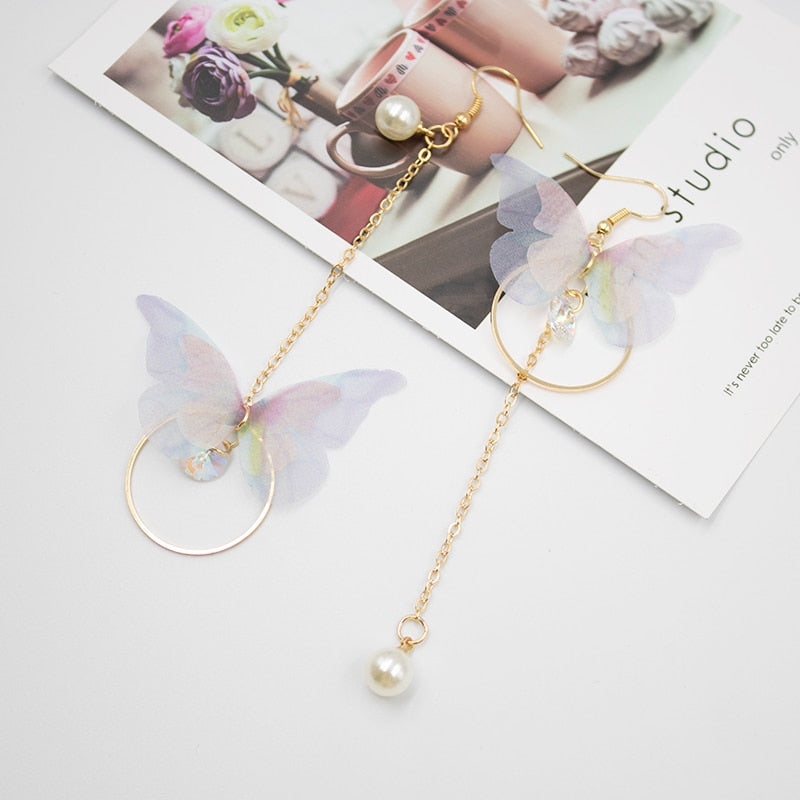 Fashion Earrings Sweet Ladies Earrings Temperament Asymmetric Butterfly Crystal Long Pearl Tassel Earrings for Women's Best Gift