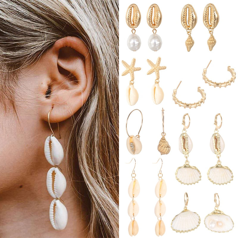 Fashion Girls Beach Shell Women Bohemian Jewelry Starfish Pendant Cowrie Pearl Gold Color Drop Trendy Conch Dangle Earring