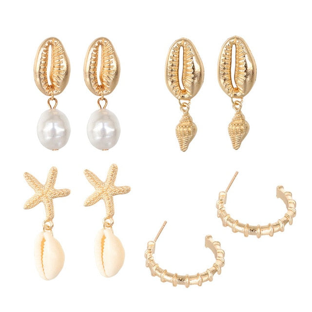 Fashion Girls Beach Shell Women Bohemian Jewelry Starfish Pendant Cowrie Pearl Gold Color Drop Trendy Conch Dangle Earring